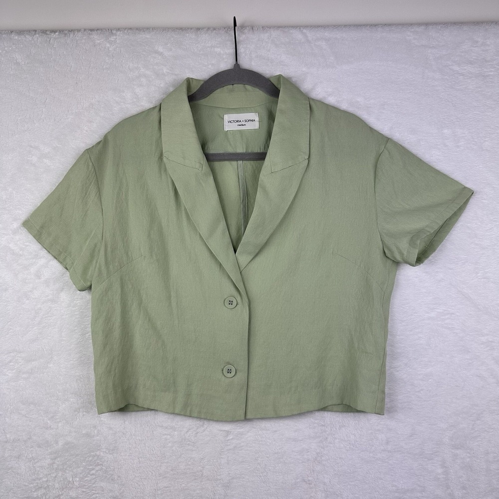 Victoria & Sophia Medium Collared Top Button Up Short Sleeve Blouse Light Green